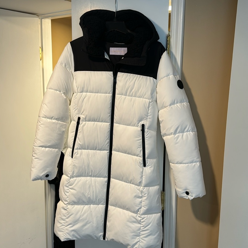 Madden Girl White and Black Long Puffer Jacket with Hood size small